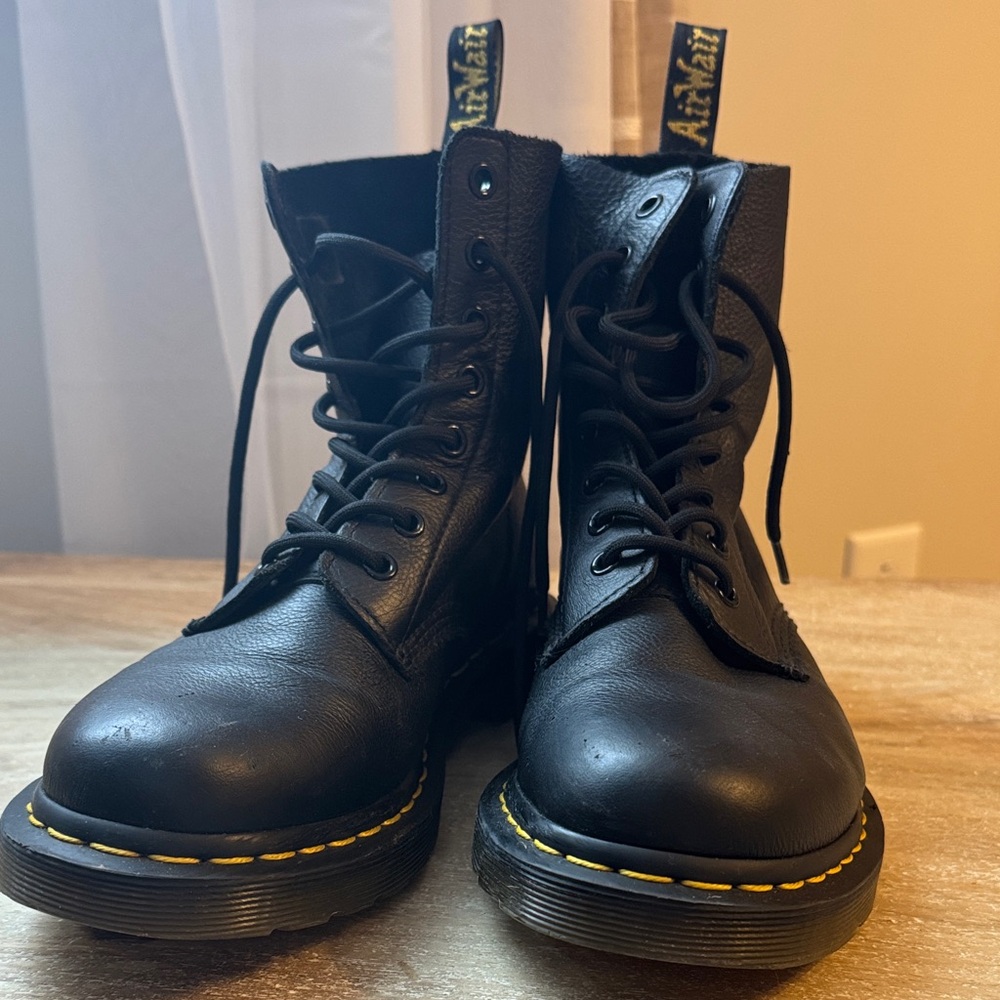 Dr. Martens Black Leather Boots with Yellow Stitching